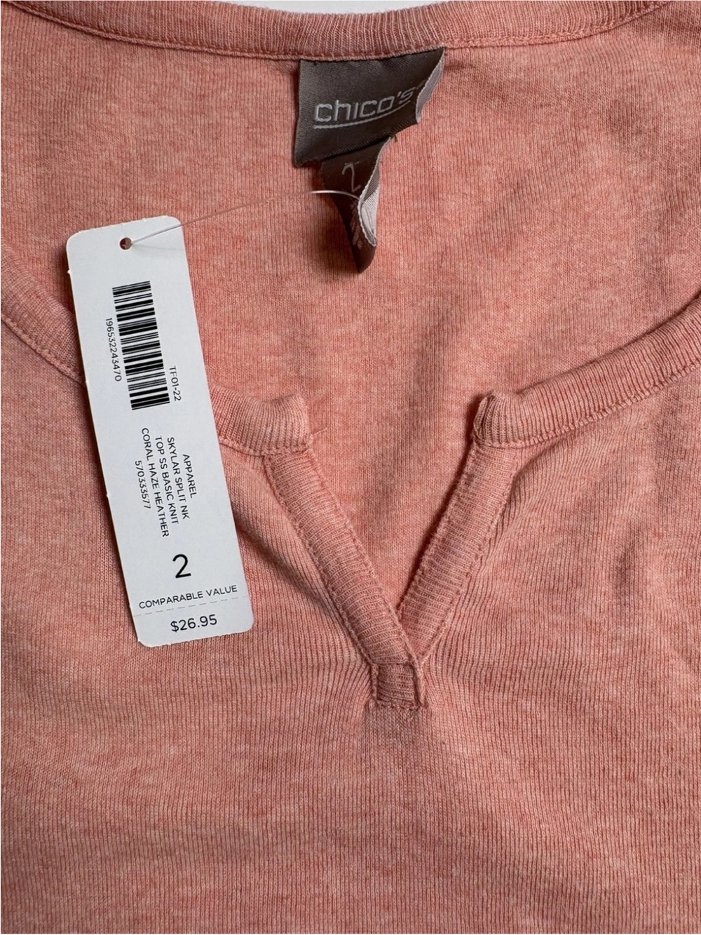 Chico's Skylar Split Neck Top Size 2 US Large Coral Haze Heather 3/4 Sleeve - Picture 8 of 10